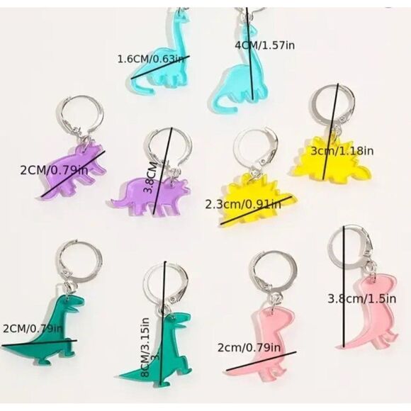 New! Adorable Blue Dinosaur Colorful Acrylic Cute Dangle Earrings Nickel Free - Picture 3 of 3